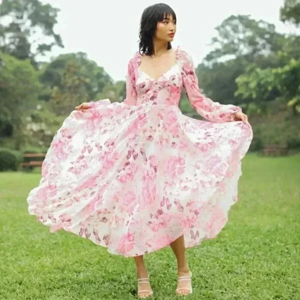 NWT SAU LEE Georgia Pink White Floral Chiffon Ruffle Midi Dress Gown Size 8 US